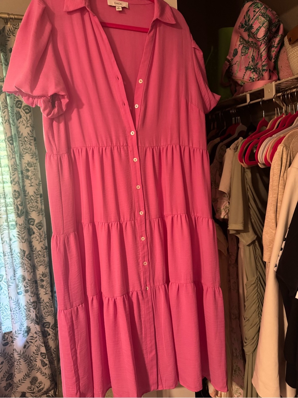 CeCe Women’s Plus Pink Button-Front Tiered Dress - Bright Pink